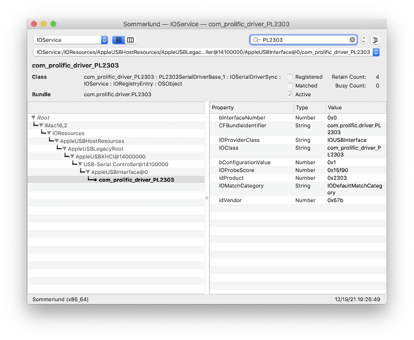 IORegistryExplorer displaying info about the serial to USB adapter