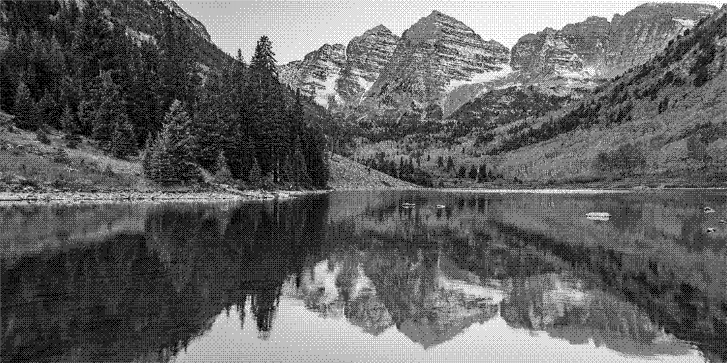 A black and white dithered picture of Maroon Bells